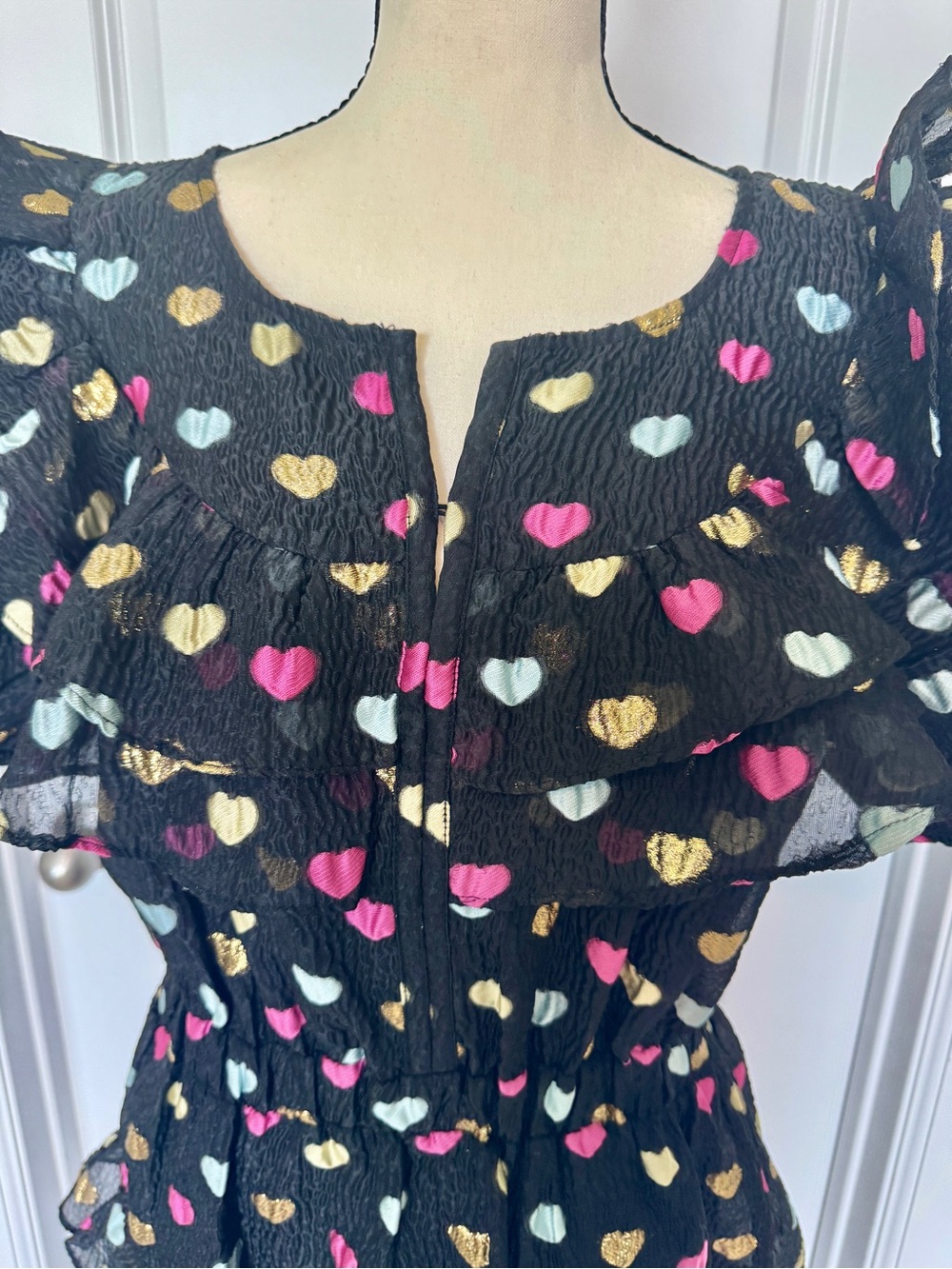 Women’s Buddy Love Black Heart Print Ruffle Dress with Gold Accent - Picture 2 of 9